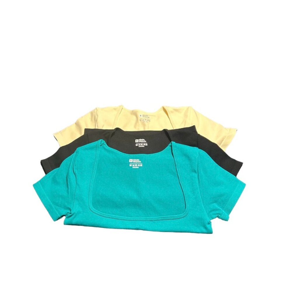 3 pc. Ribbed Crop Top Seamless Square Neck Short Sleeve Tank Top - Small 3 color